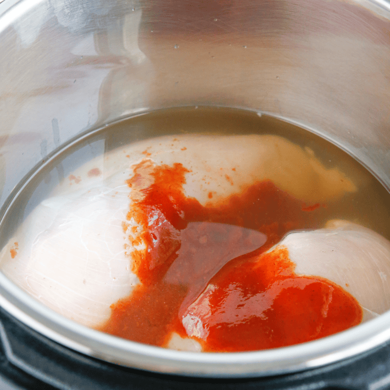 Raw chicken breasts and red enchilada sauce in the Instant Pot before pressure cooking