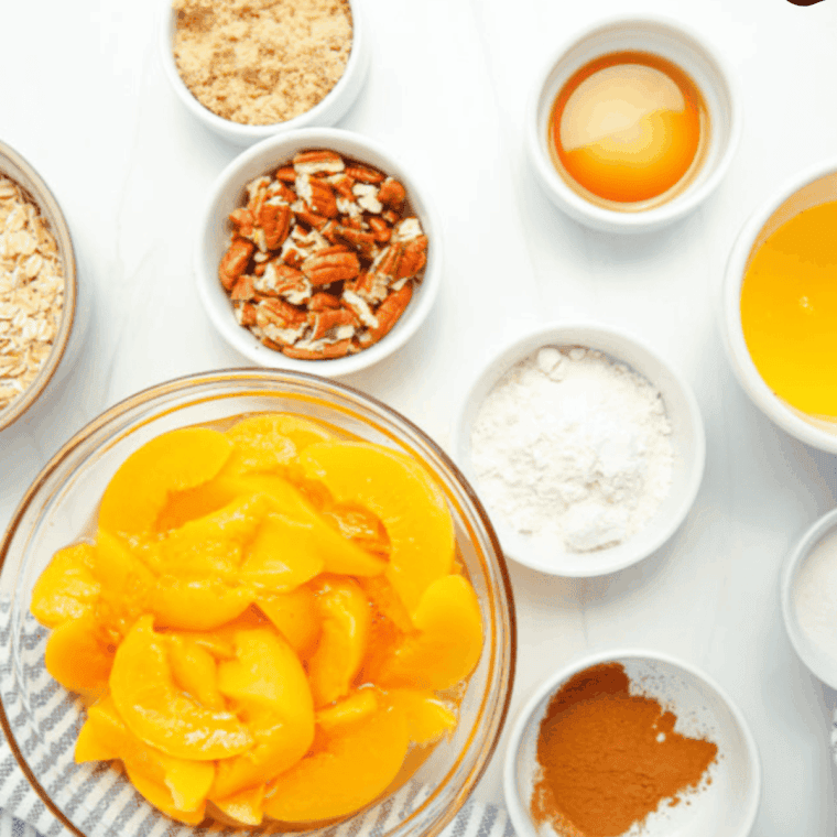 Ingredients needed for Longhorn Steakhouse Grilled Peach Cobbler Recipe on kitchen table.