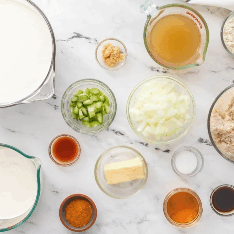 Ingredients needed for Easy Instant Pot South Carolina She-Crab Soup on kitchen table.