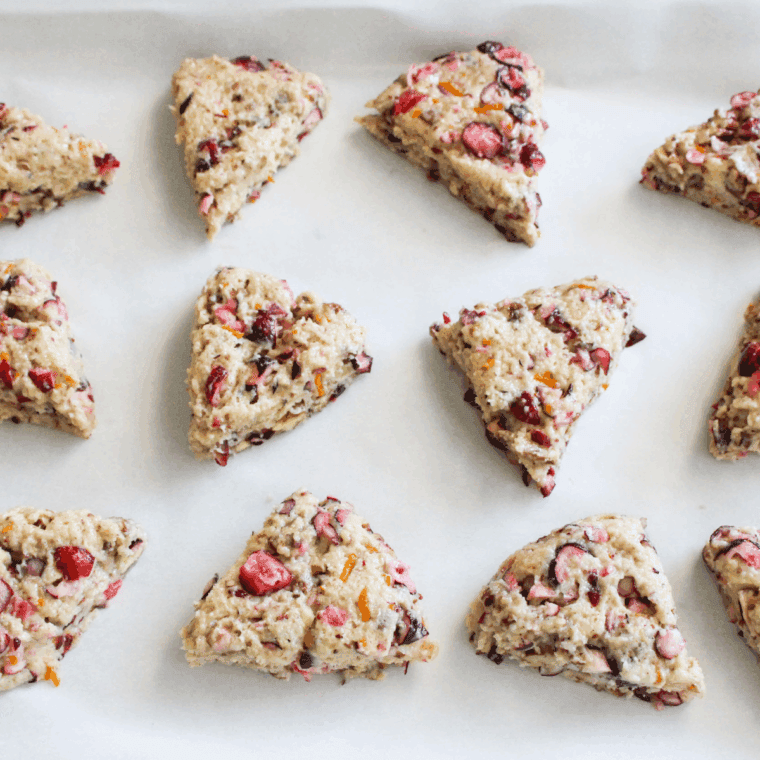 Easy air fryer cranberry scones baked until golden with dried cranberries visible