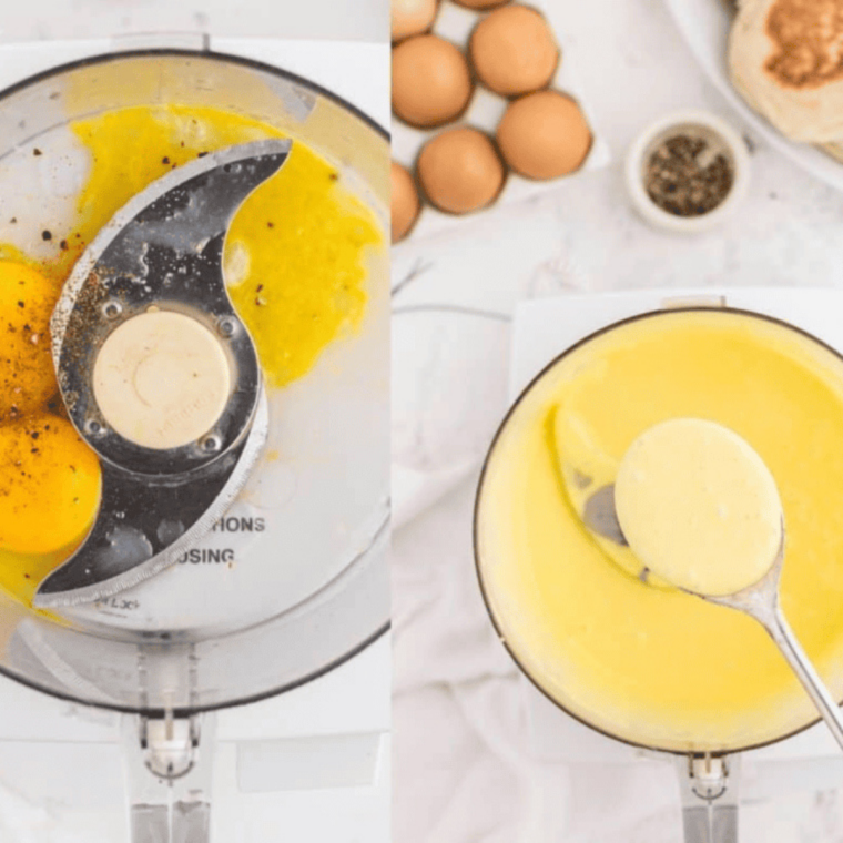 Preparing hollandaise sauce while the air fryer preheats to 400 degrees F.