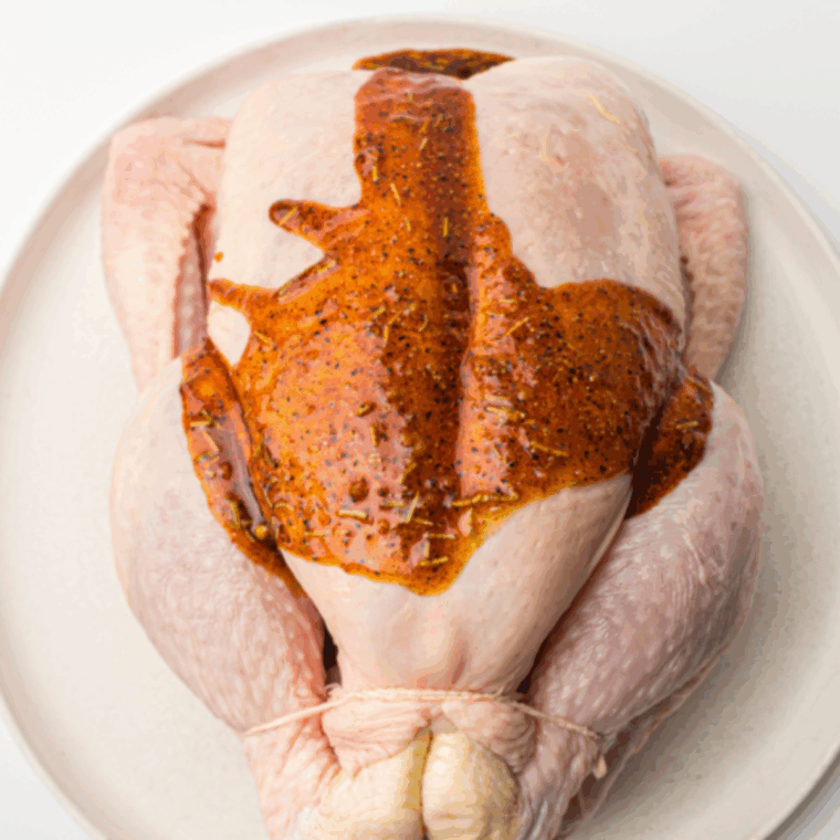 Whole chicken being rubbed with olive oil and seasoned with herbs and spices, with legs tied and wings tucked for even roasting.