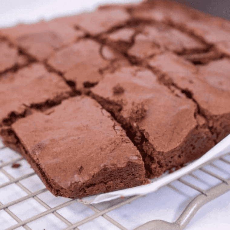 Finished air fryer boxed brownies cooling in the pan before slicing