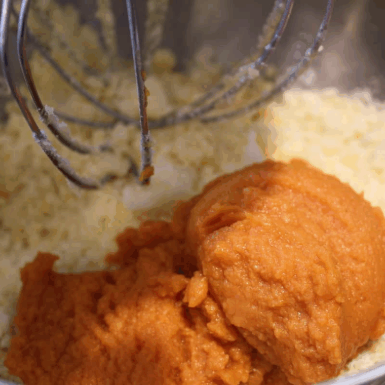 Filling greased muffin cups with pumpkin muffin batter