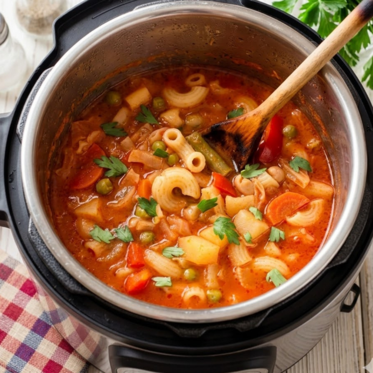 Instant Pot Olive Garden Minestrone Soup with vegetables, beans, pasta, and rich tomato broth