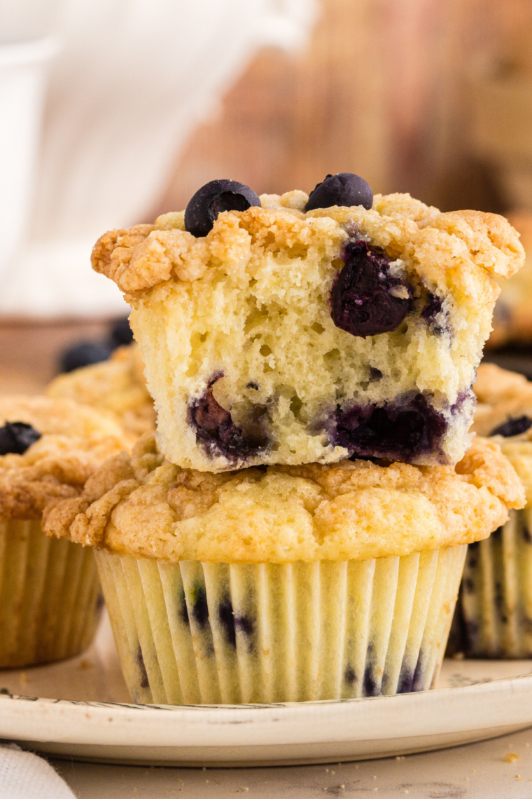 Blueberry streusel muffins in an air fryer basket