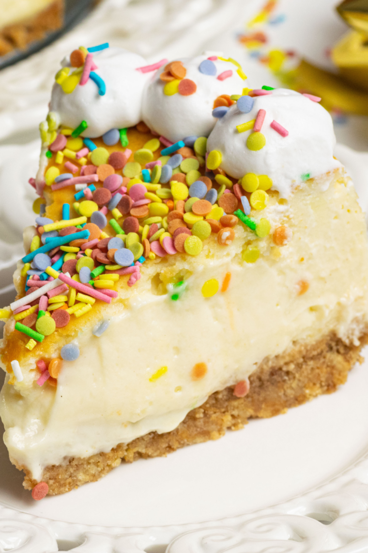 Close-up of creamy vanilla bean cheesecake slice showing dense texture and vanilla specks