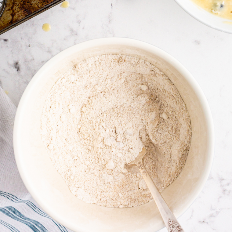 Whisking flour, sugar, baking powder and salt in a large glass bowl
