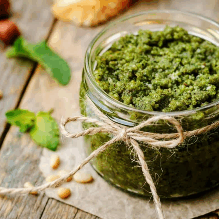 Ingredients needed for Air Fryer Pesto Chicken and Tomato Kebabs on kitchen table.