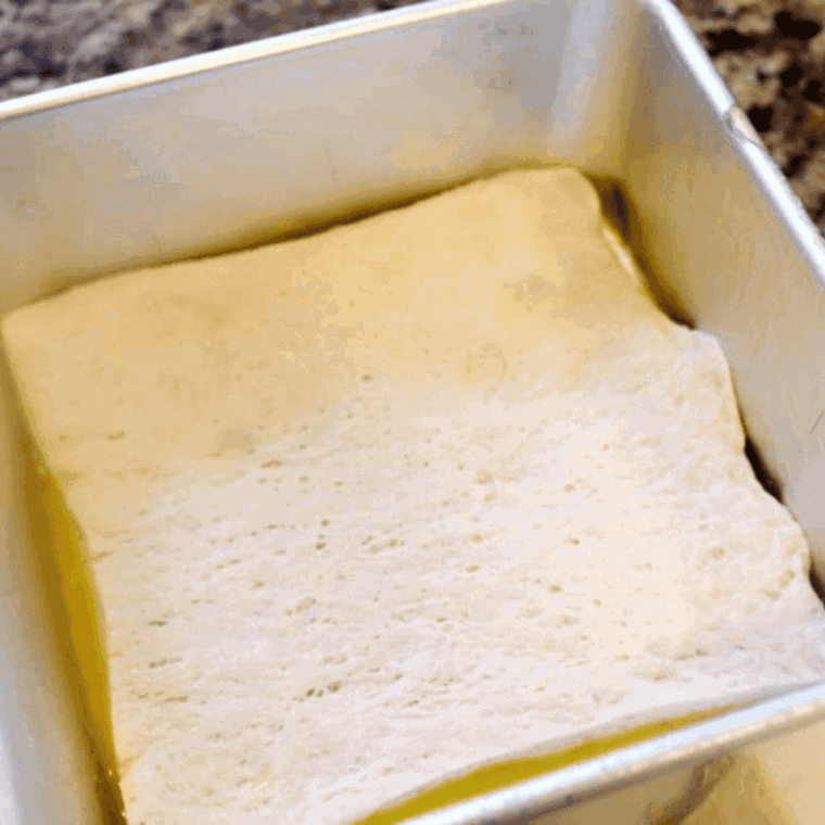 air fryer pan sprayed with non-stick oil and pizza dough cut to fit inside