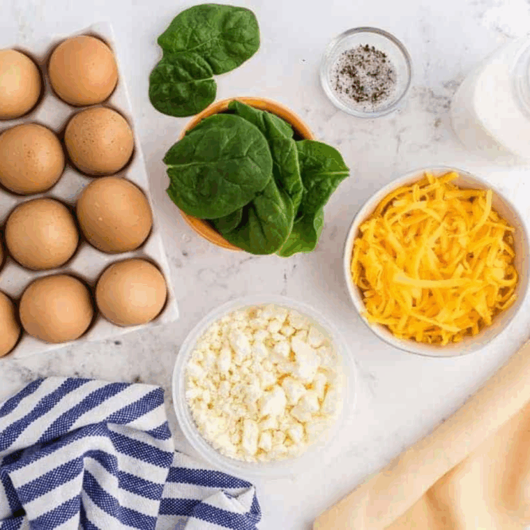 Ingredients needed for Air Fryer Western Omelet Egg Bites on kitchen table.