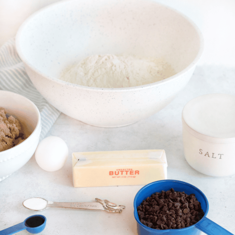 Ingredients needed for Easy Air Fryer Chocolate Chip Cookie Bars on kitchen table.