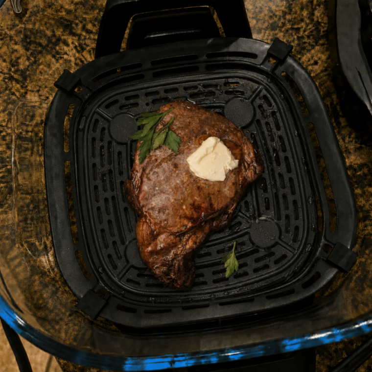 Instant-read thermometer inserted into the side of a Ninja Crispi steak reading 127°F