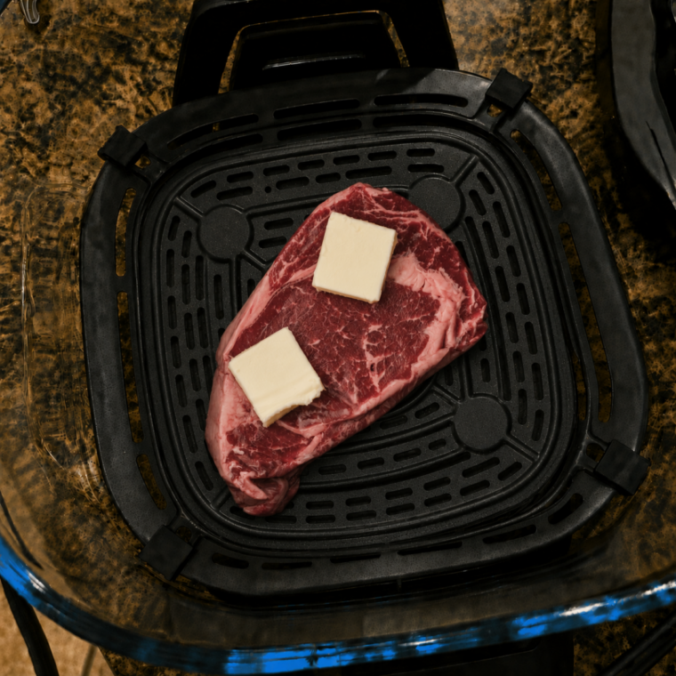 Ninja Crispi steak being flipped at the halfway point, browned side facing up