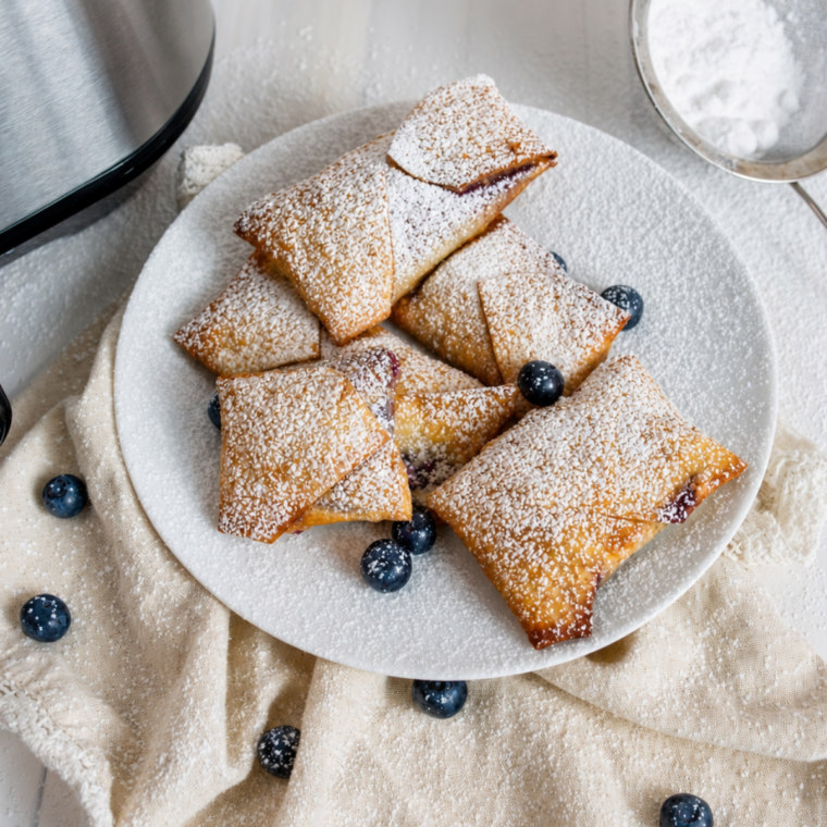 Plate of air fryer blueberry egg rolls dusted with powdered sugar