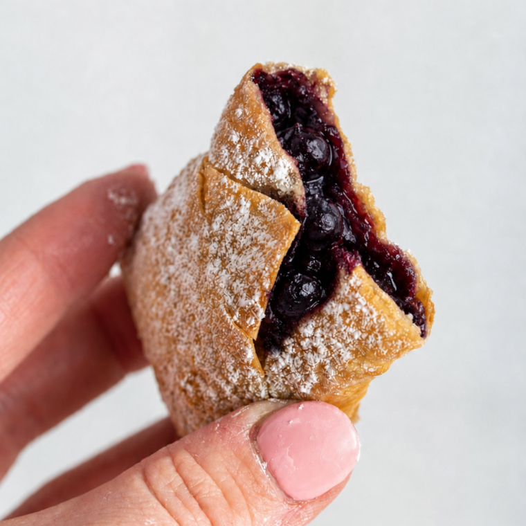 Blueberry egg rolls on a plate with one cut open showing the filling