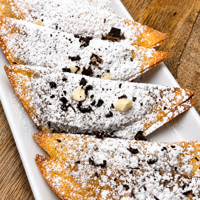 Crispy air fryer Nutella wontons dusted with powdered sugar, one broken open showing the molten chocolate-hazelnut center