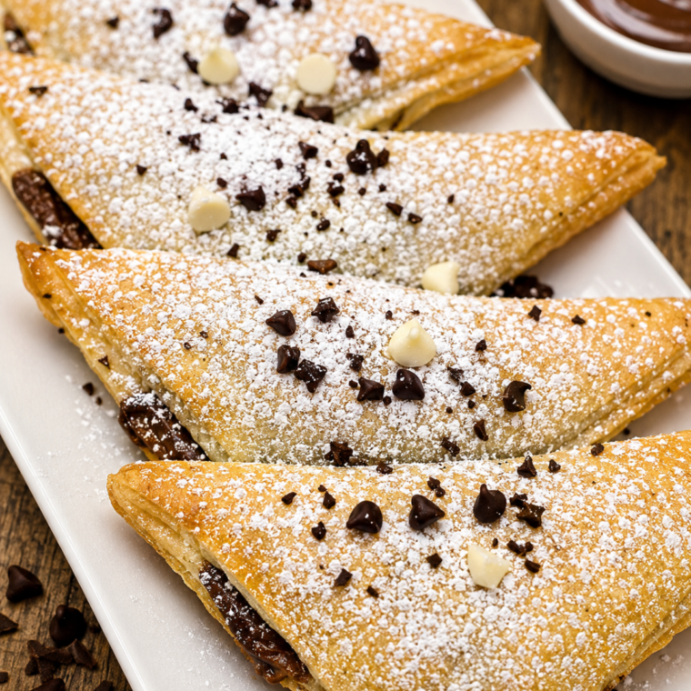 Folded Nutella wontons arranged in a single layer in an air fryer basket before cooking
