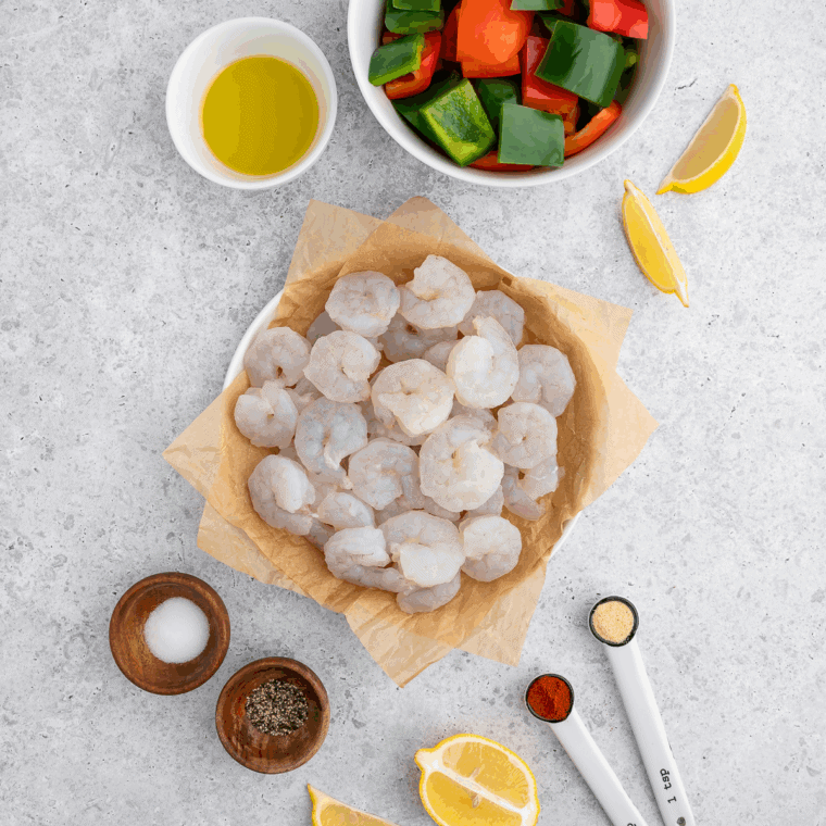 Ingredients needed for Easy Air Fryer Shrimp Stir Fry on kitchen table.