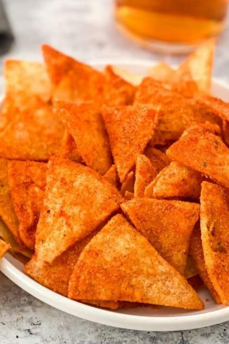 Homemade Doritos in the air fryer, an easy copycat nacho cheese chip recipe