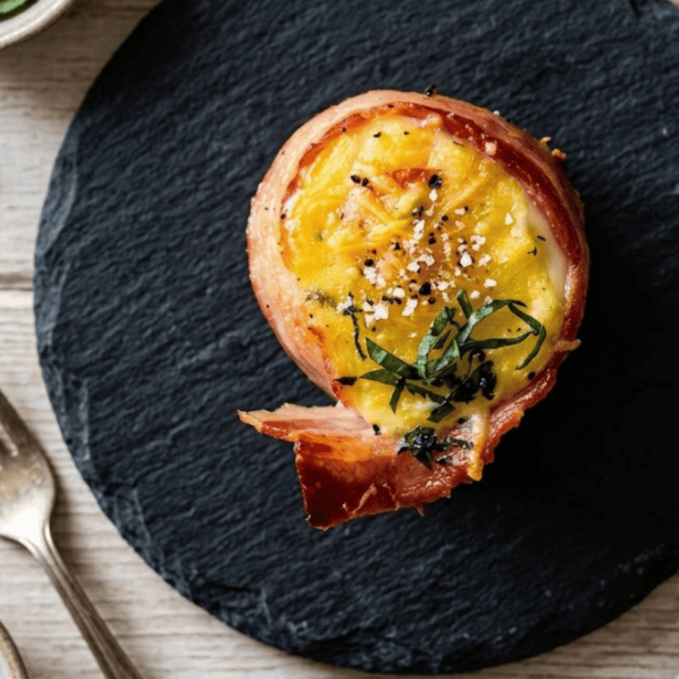 An egg cracked into each crispy bacon basket and seasoned with salt and pepper