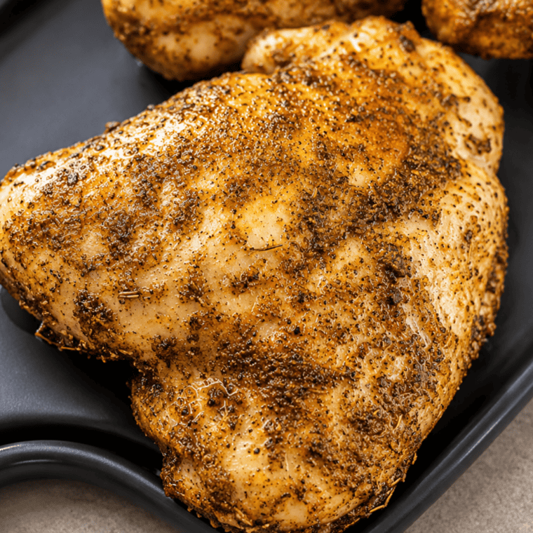 Plate of juicy Caribbean rubbed chicken thighs garnished with fresh lime