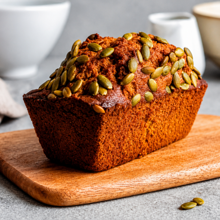 Golden air fryer pumpkin bread loaf topped with pumpkin seeds