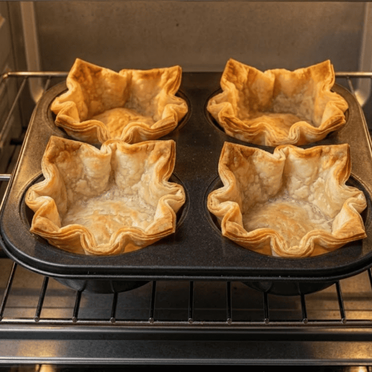 Spooning apple pie filling into wonton wrapper cups before air frying