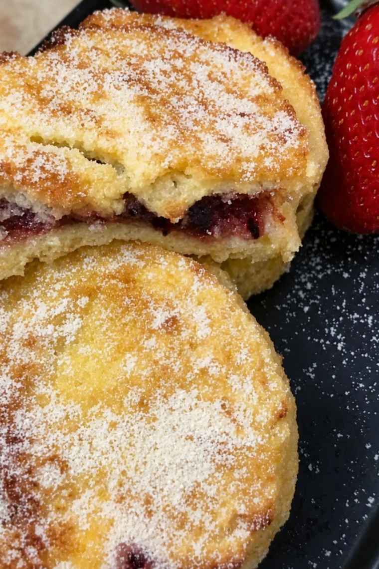 Overhead shot of sugar-coated jam stuffed French toast
rounds on a plate with fresh berries