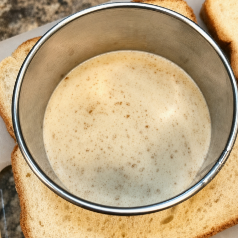Cutting a circle out of a slice of white bread with a biscuit cutter on a cutting board
