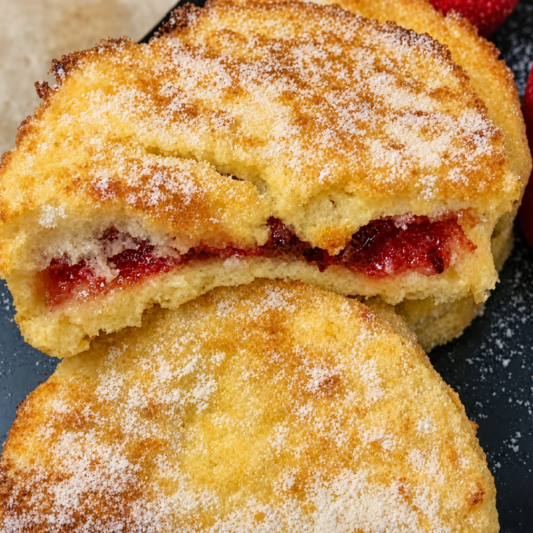 Jam stuffed French toast coated in sugar with raspberry jam
showing through the center