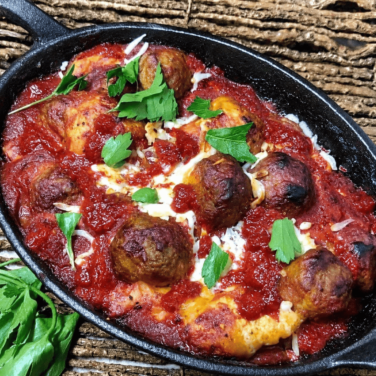 Finished air fryer meatball bubble up bake with melted mozzarella and bubbling marinara