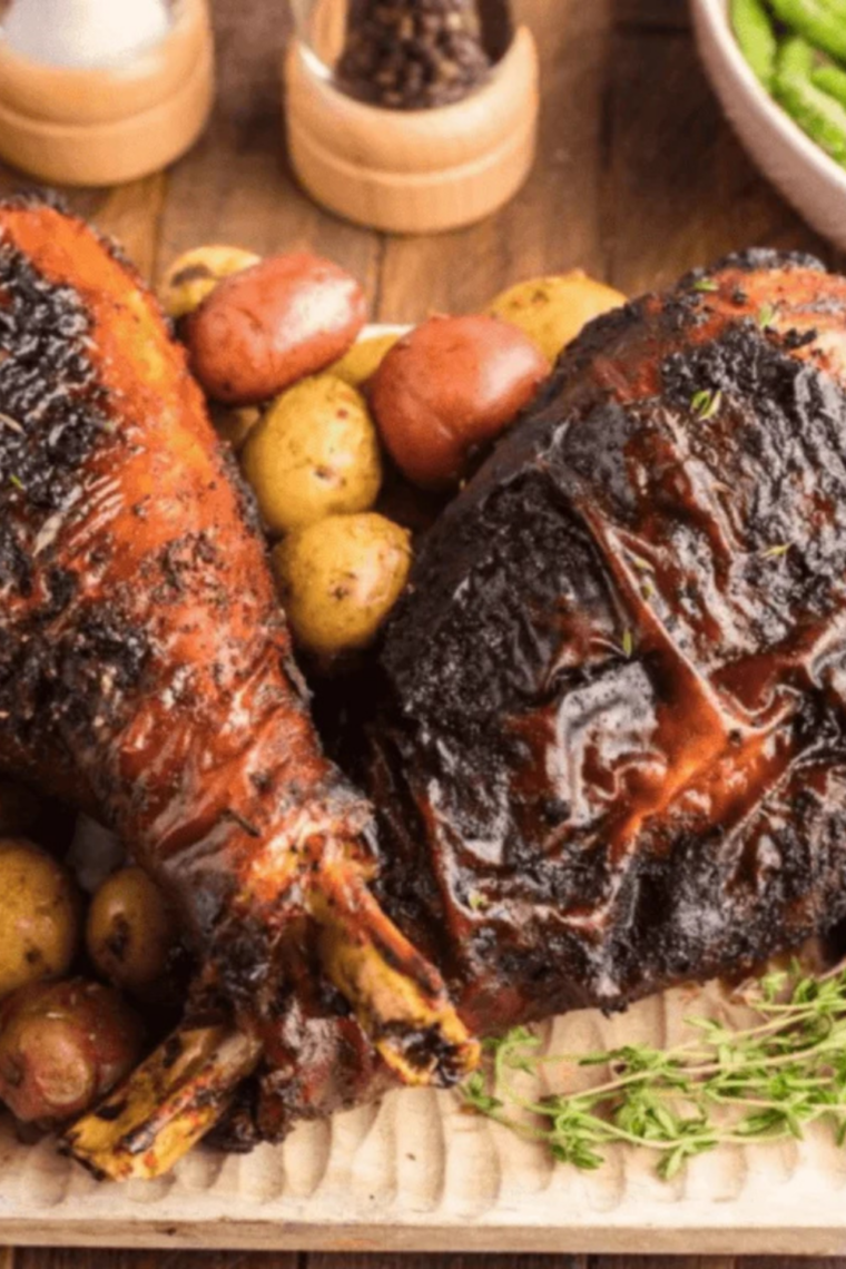 Checking an air fryer turkey leg with an instant-read thermometer