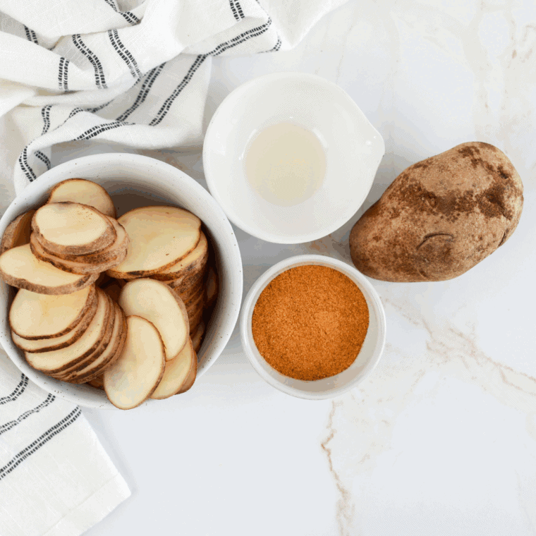 Ingredients needed for Air Fryer BBQ Potato Chips on kitchen table.