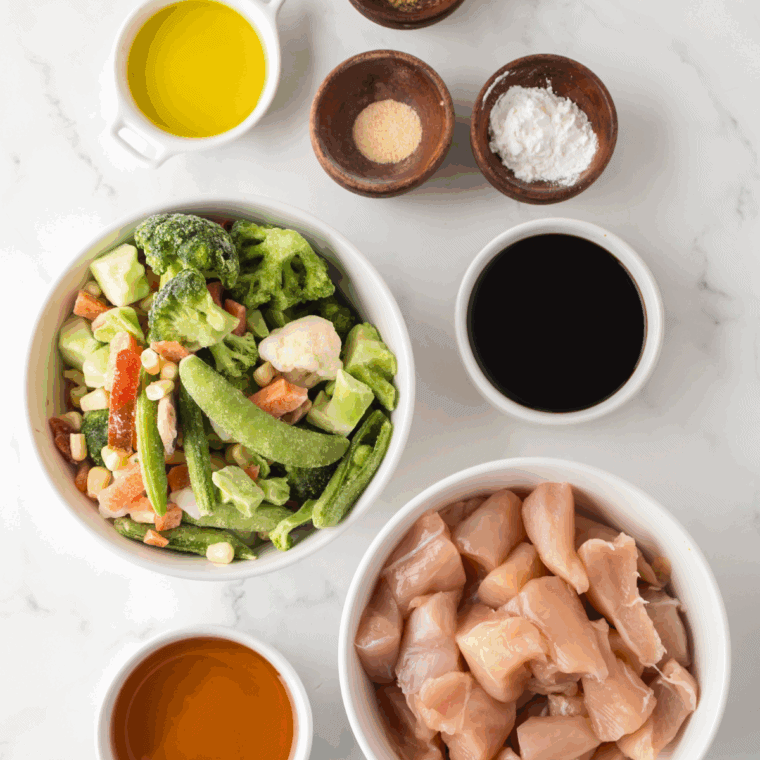 Easy Ninja Foodi Chicken Stir Fry ingredients on kitchen table.
