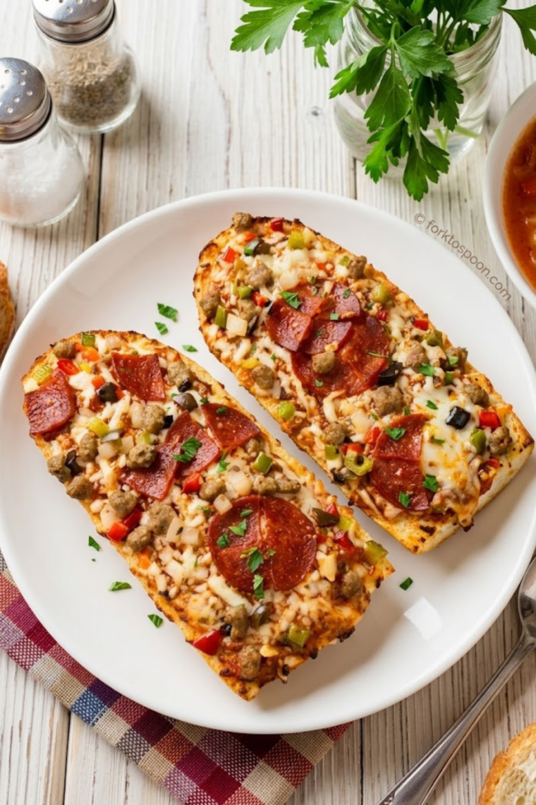 Rest 2 minutes before serving
Finished French bread pizza resting on cutting board before slicing and serving