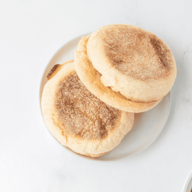 Ingredients needed for Air Fryer Banana Nut English Muffins on kitchen table.
