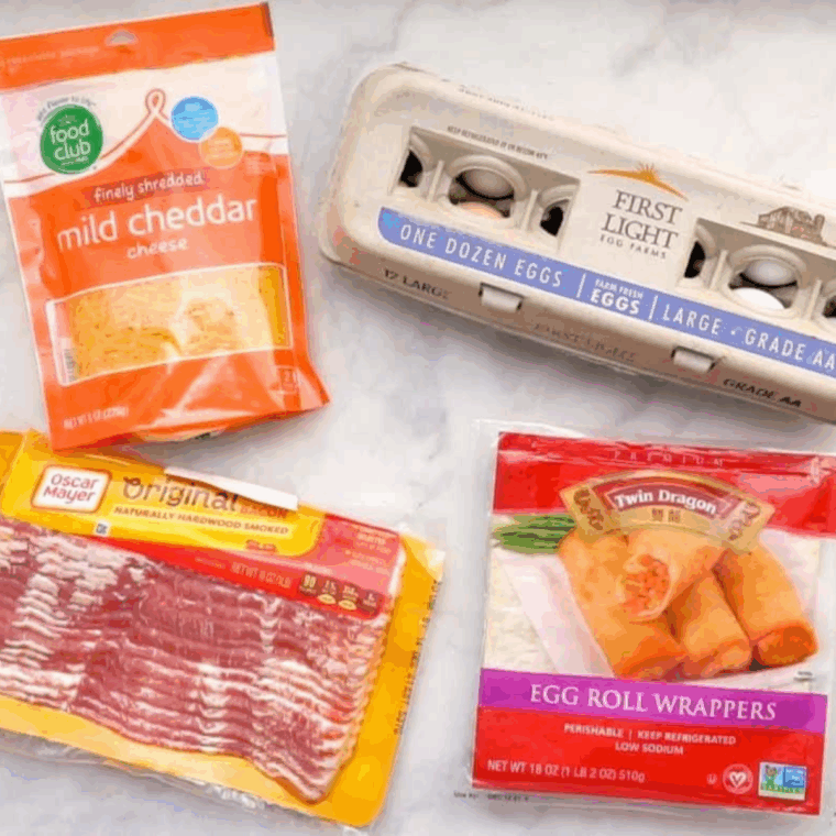 Ingredients needed for Easy Air Fryer Breakfast Egg Rolls on kitchen table.