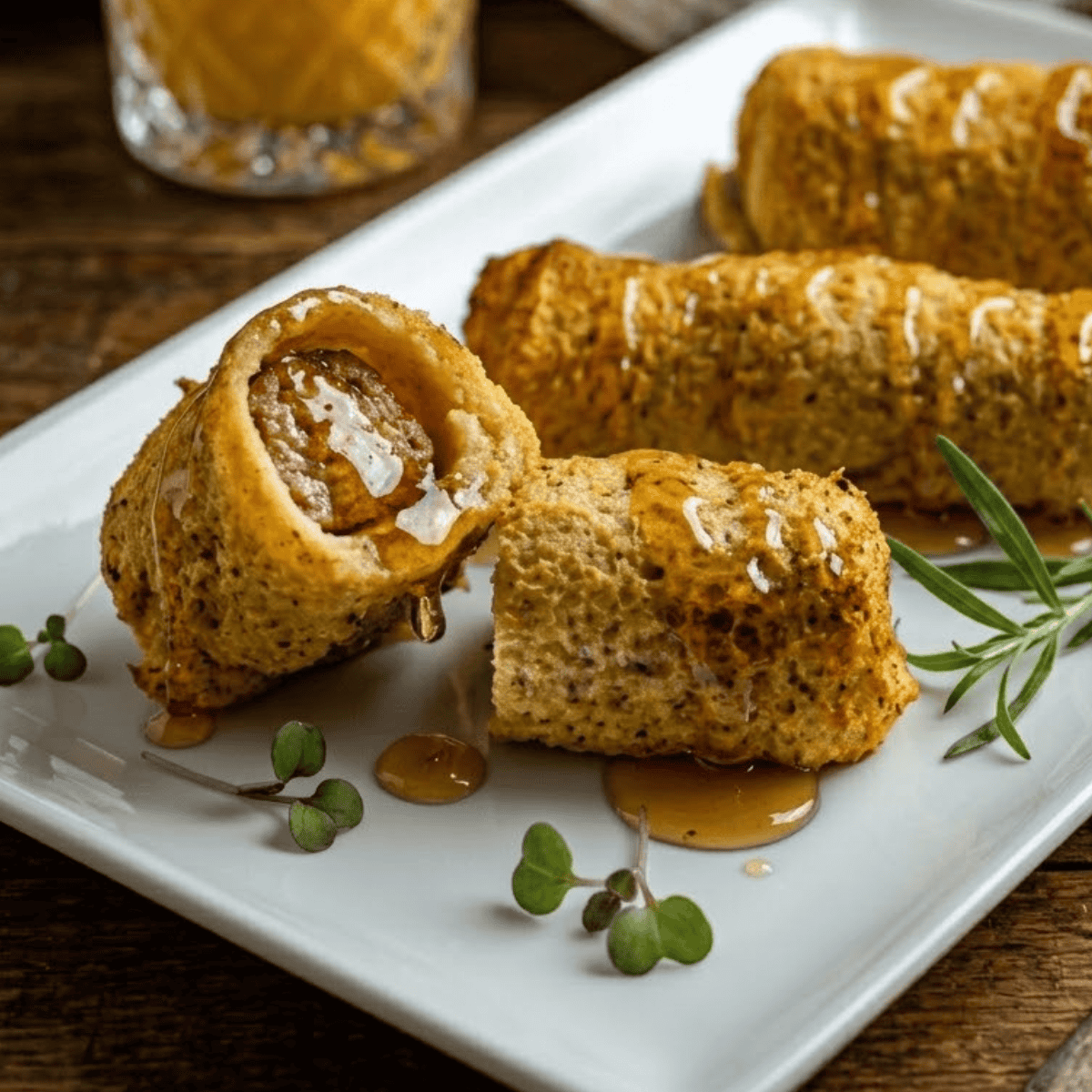 Air fryer French toast and sausage roll-ups stacked on a plate with maple syrup