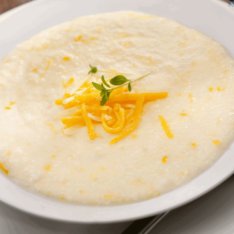 A large bowl of rich, creamy, and buttery Golden Corral grits topped with a pat of melting butter.