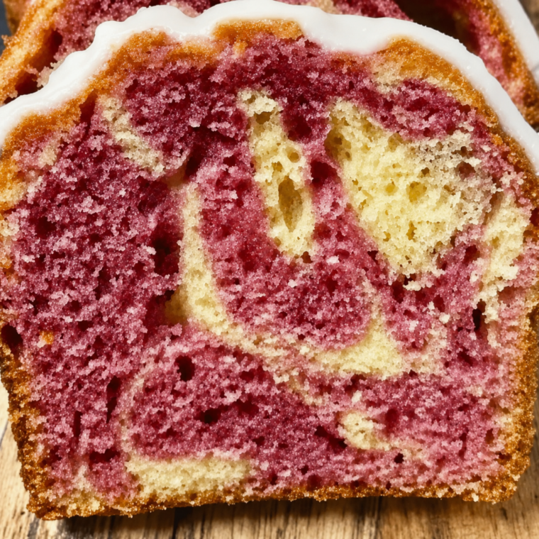 Slice of air fryer raspberry lemon bread on a white plate with lemon glaze