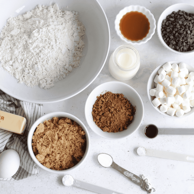 Ingredients needed for Air Fryer Salted Caramel Chocolate Chip Cookies on kitchen table.