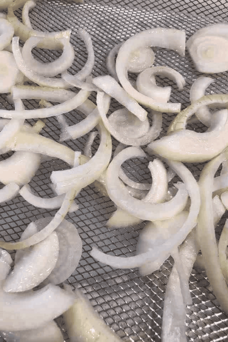 Thinly sliced onions tossed with olive oil and seasoning, spread on an air fryer tray before roasting