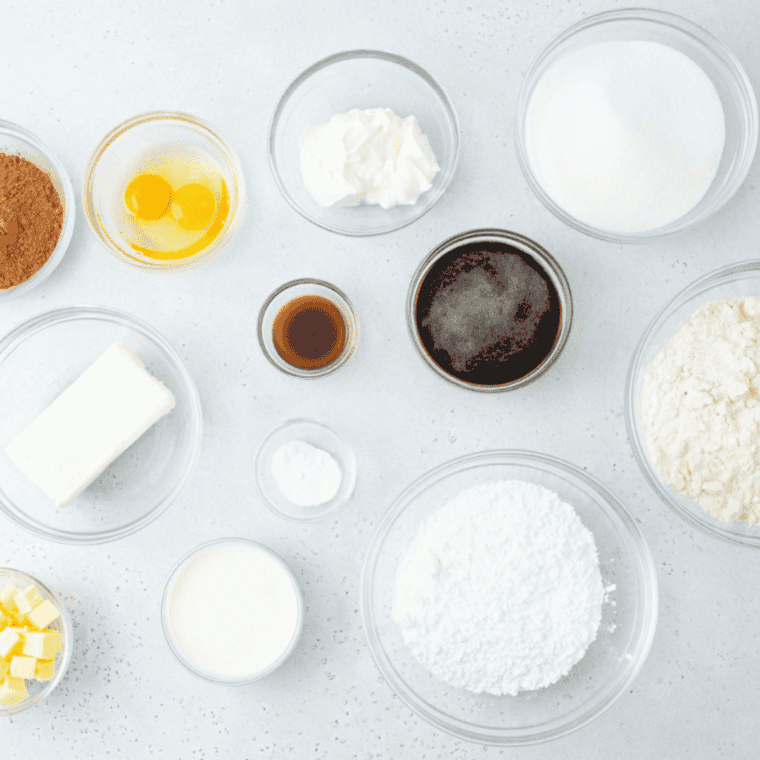 Ingredients needed for Air Fryer Mini Chocolate Bundt Cakes on kitchen table.
