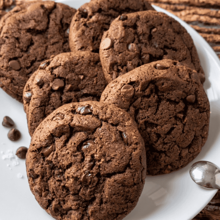 Freshly baked brownie cookies from the air fryer, fudgy centers with slightly crispy edges, stacked on a plate.