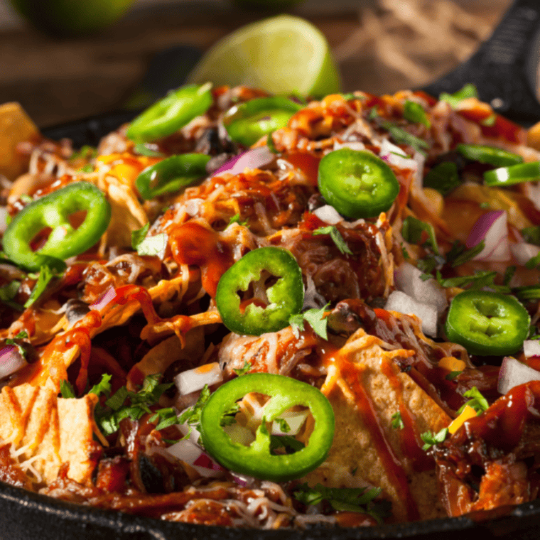 Tray of loaded BBQ pork nachos topped with melted cheese, smoky pulled pork, BBQ sauce, jalape&ntilde;os, and sour cream over crispy tortilla chips served for sharing.