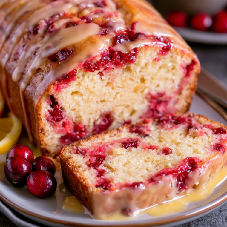 Slices of cranberry orange nut bread with cranberries and walnuts