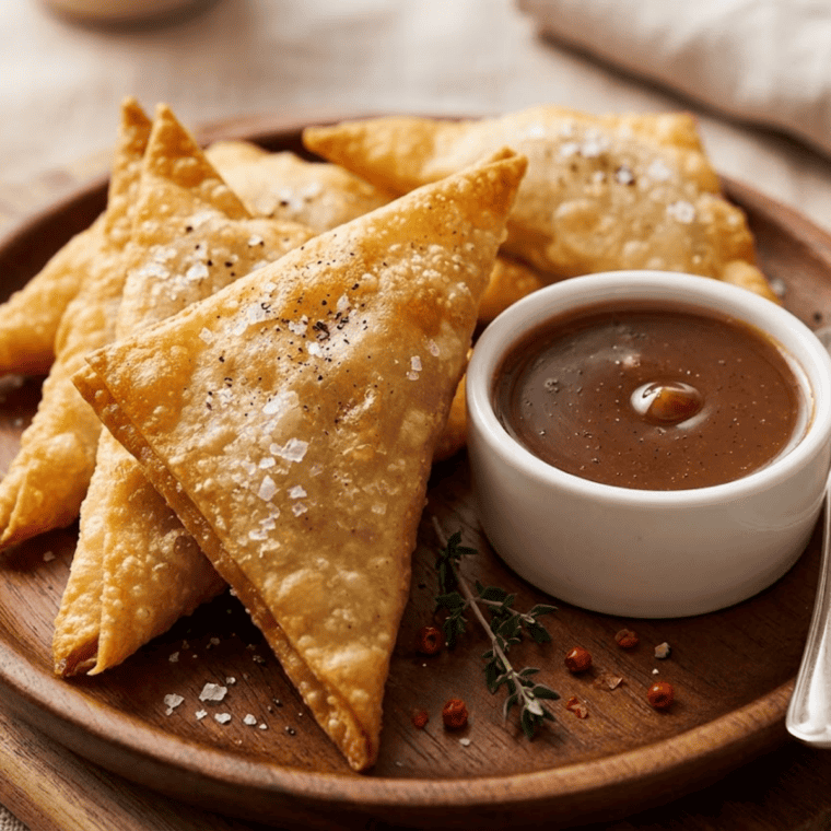 Crispy air fryer apple pie wontons dusted with powdered sugar and filled with warm spiced apples.