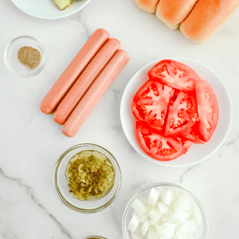 Ingredients needed for air fryer bacon wrapped hot dogs on kitchen tabl.e