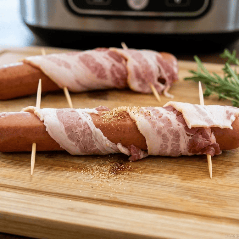 Tightly spiral bacon around hot dogs for full even coverage.